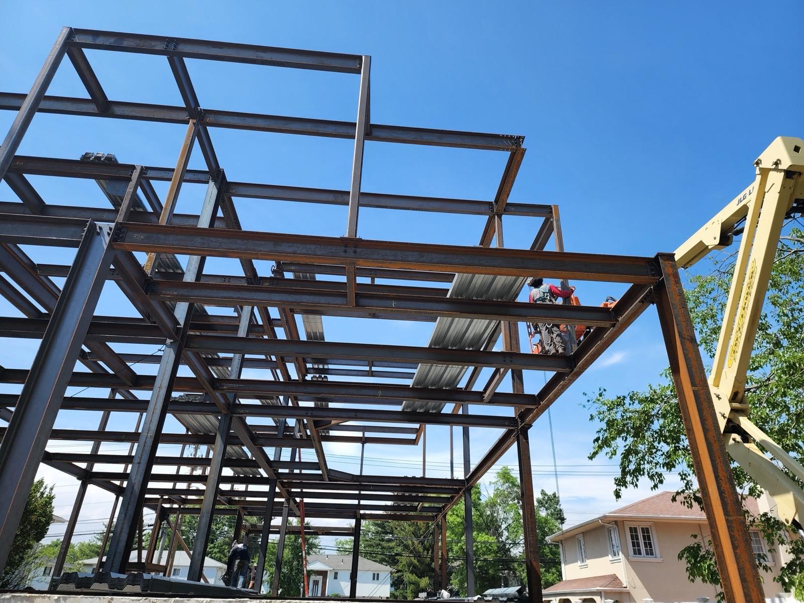 Steel building frame under construction