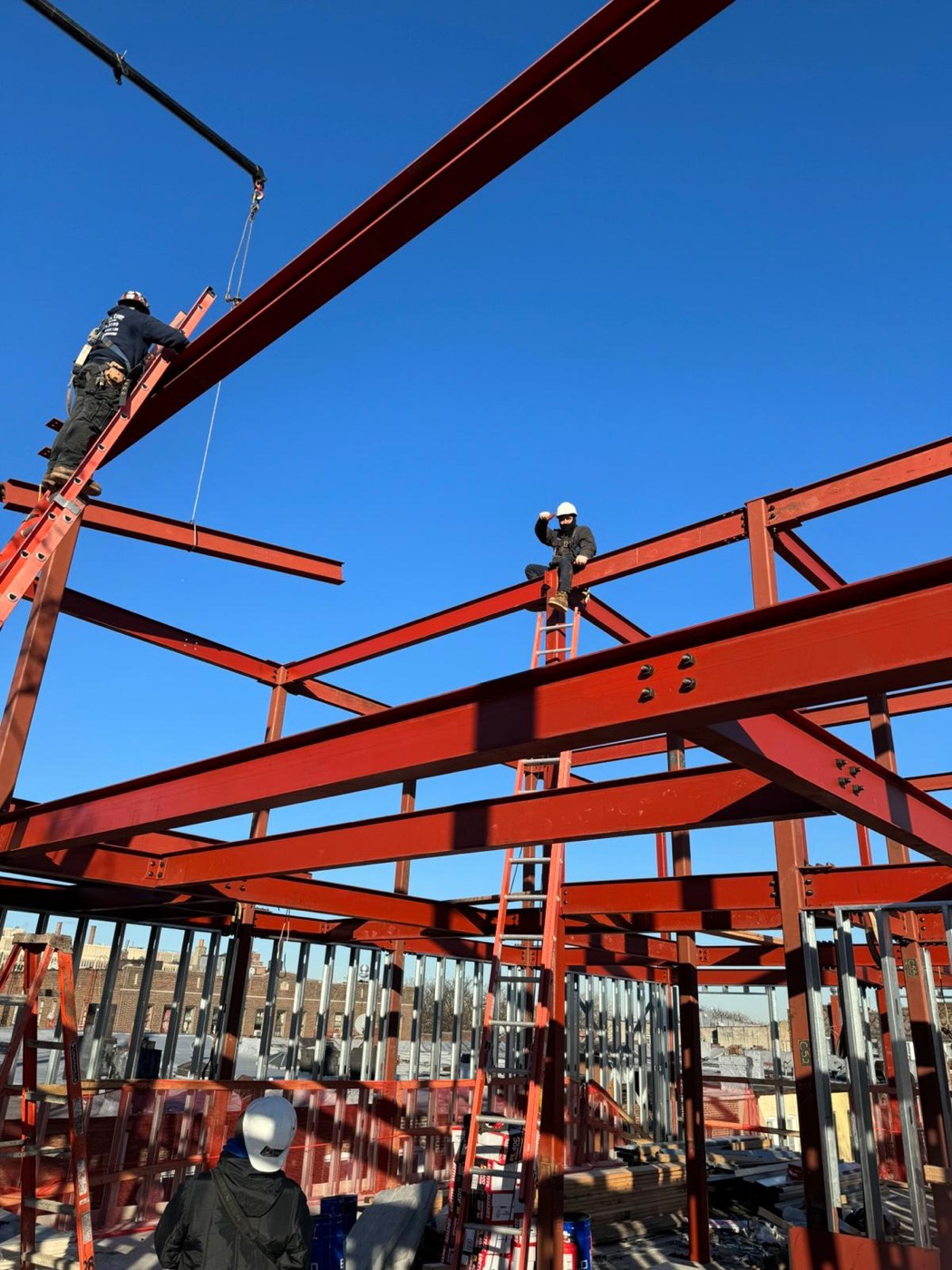 Steel building frame under construction